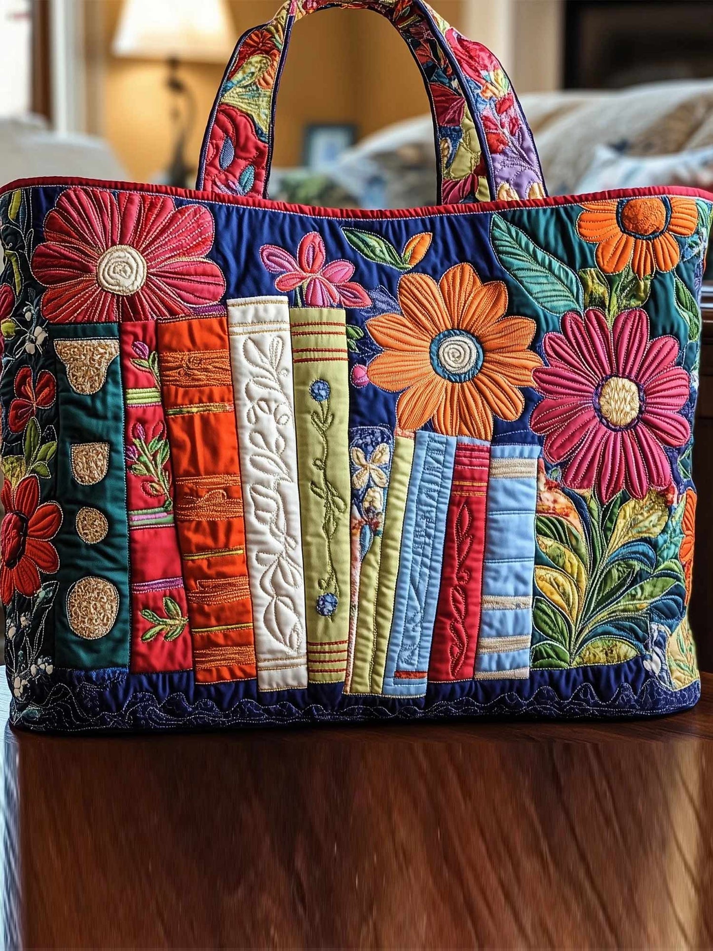 Books and flowers Quilted Tote Bag