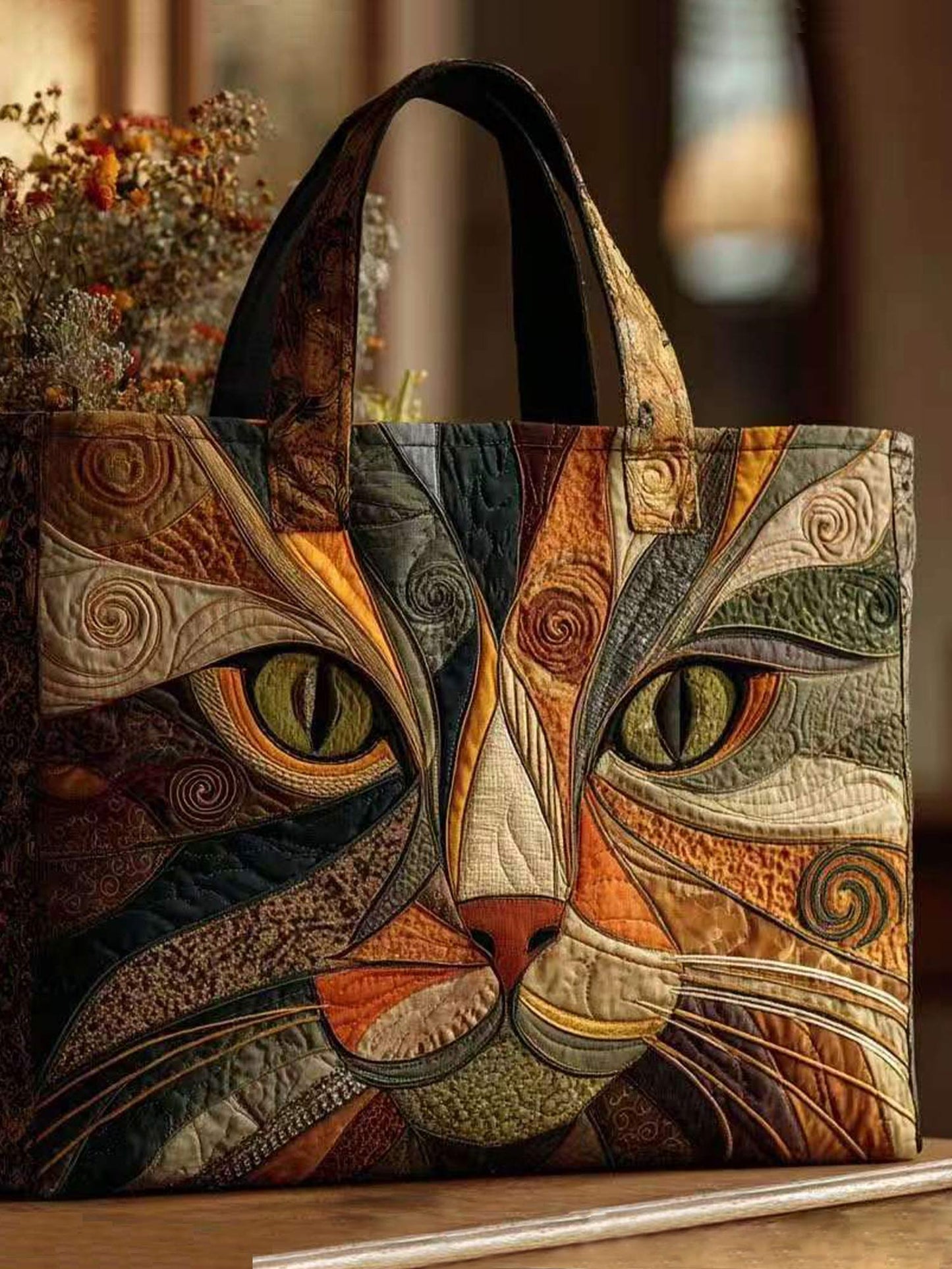 Animal print cat quilted tote bag