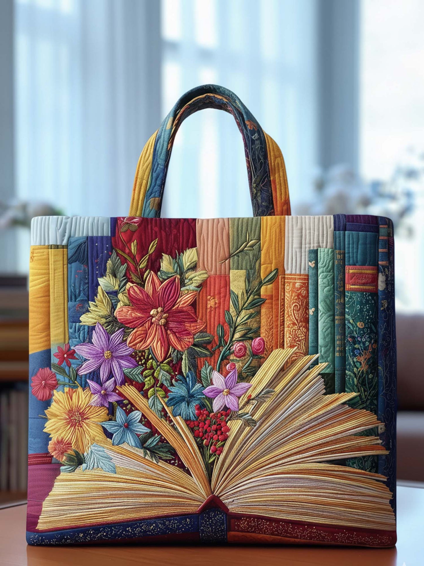 Book And Flower Quilted Tote Bag