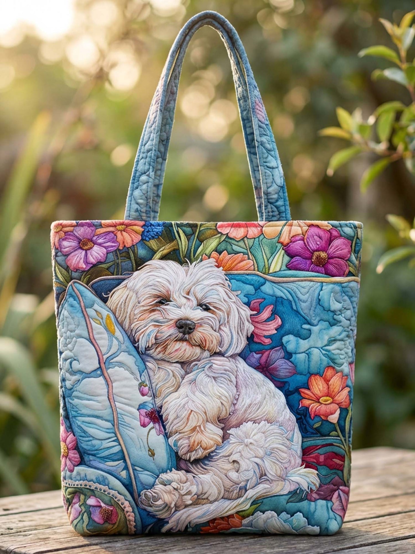 Shih Tzu Dog And Flower Quilted Tote Bag