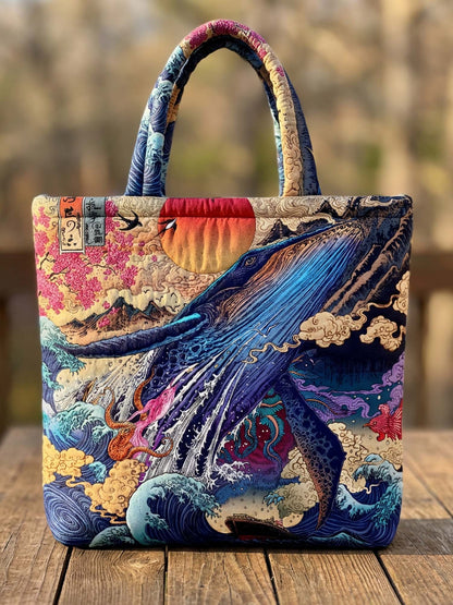 Ukiyo-E Whale Quilted Tote Bag