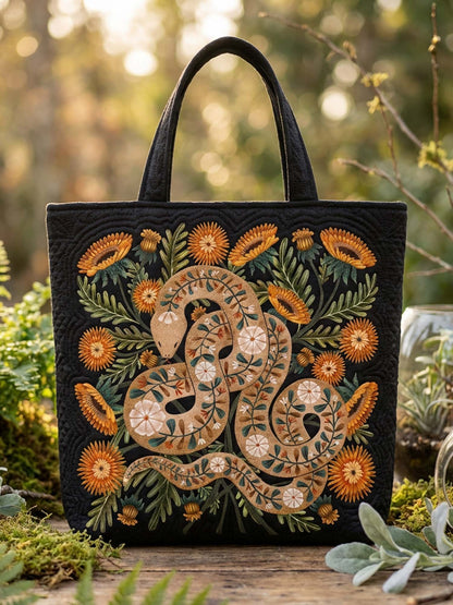 Flower And Snake Quilted Tote Bag