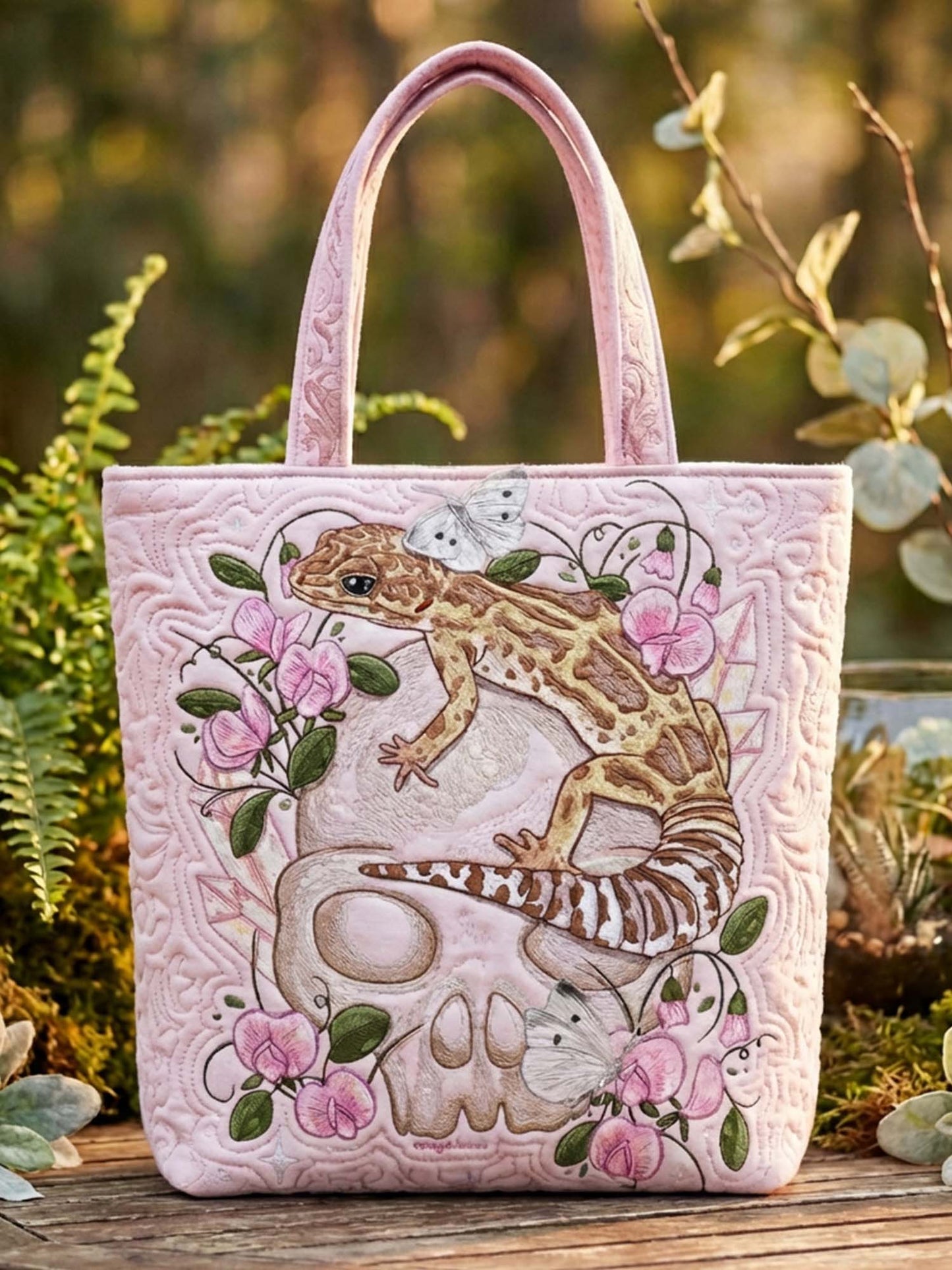Skull And Gecko Quilted Tote Bag
