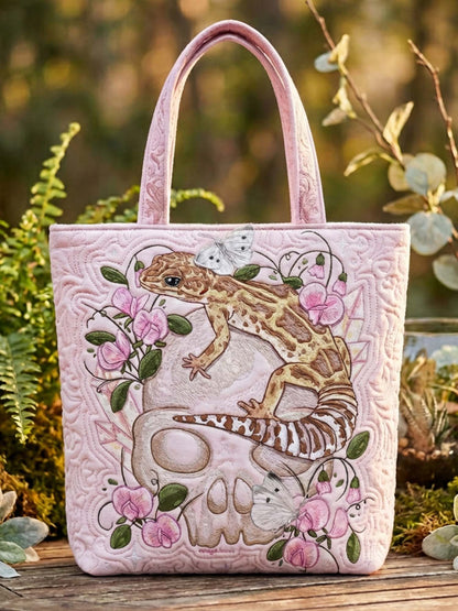 Skull And Gecko Quilted Tote Bag