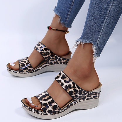 2024 🌹New Leopard Print Leather Wedge Soft Sole Sandals
