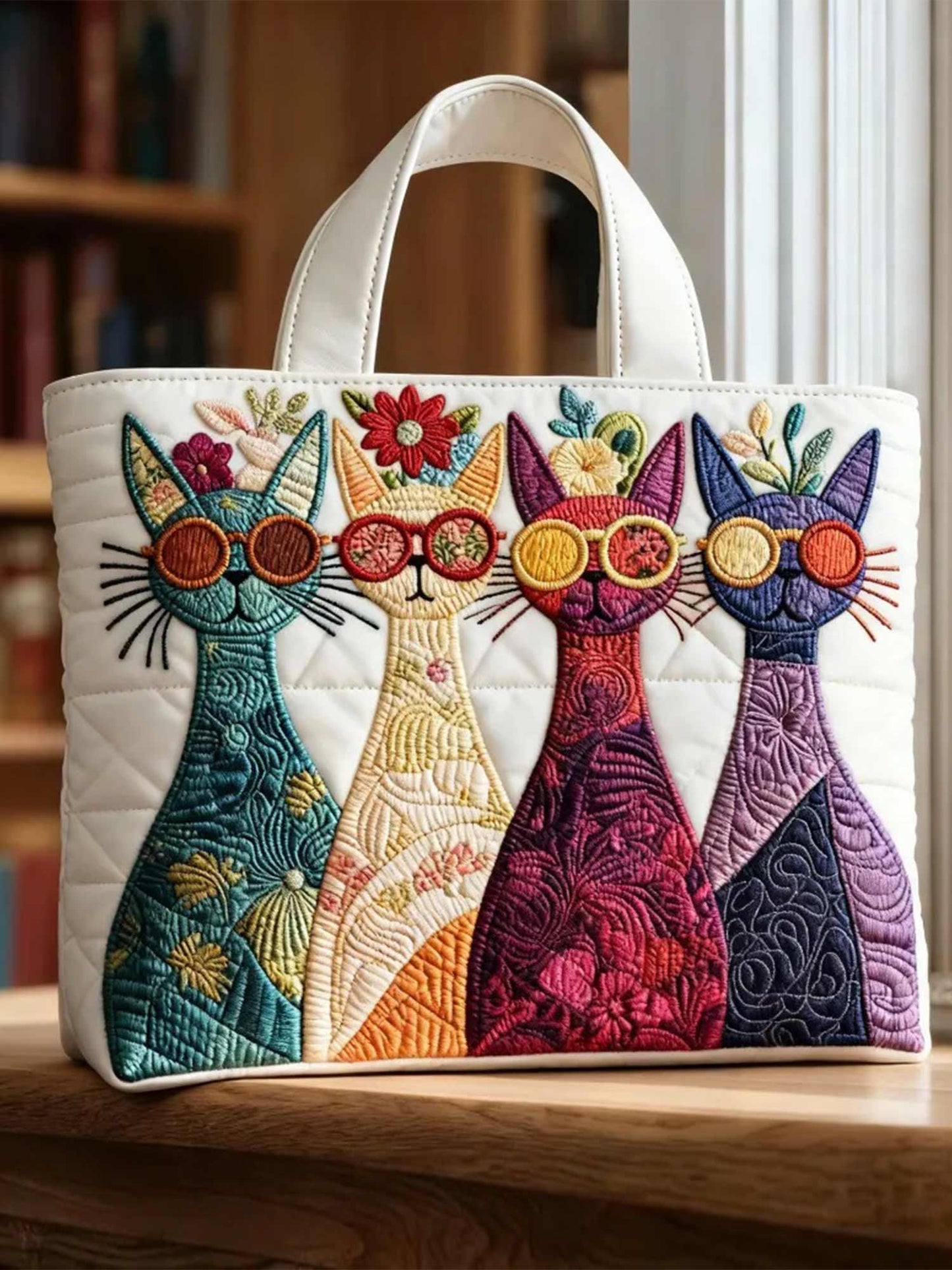 Flowers and cats  Quilted Tote Bag