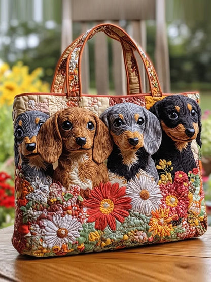 Quilted handbag with puppy and flower pattern