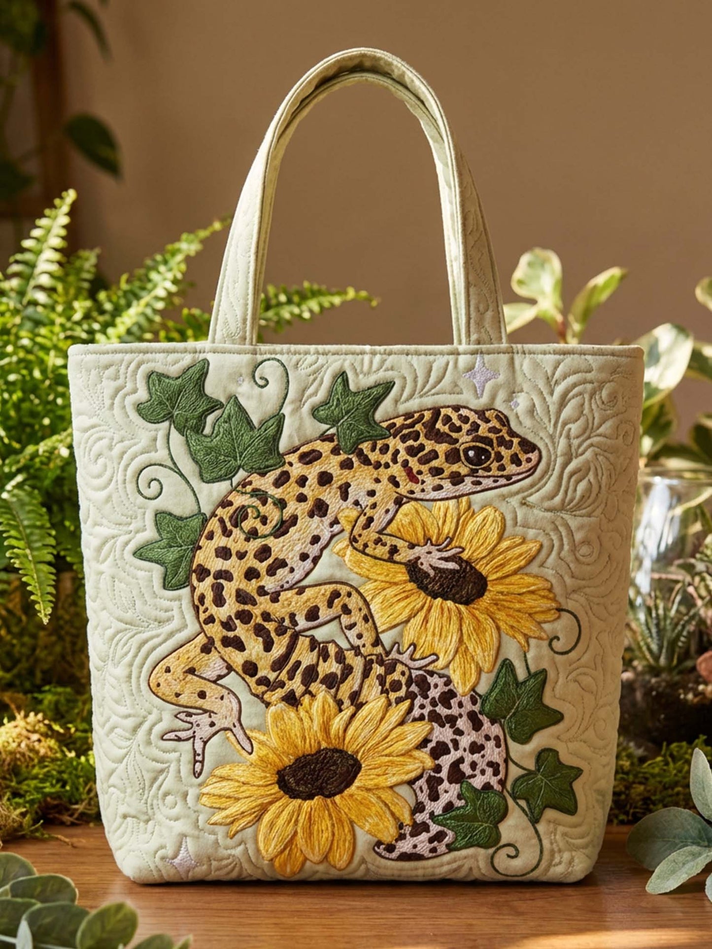 Gecko And Flower Quilted Tote Bag