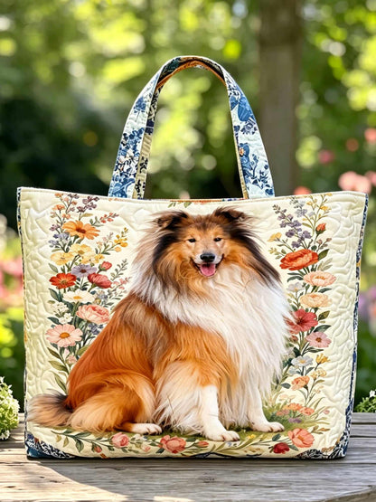 Cottage Floral Shetland Sheepdog Quilted Tote Bag