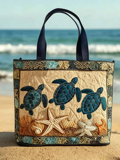 Beach Vacation Turtle And Starfish Pattern Quilted Tote Bag