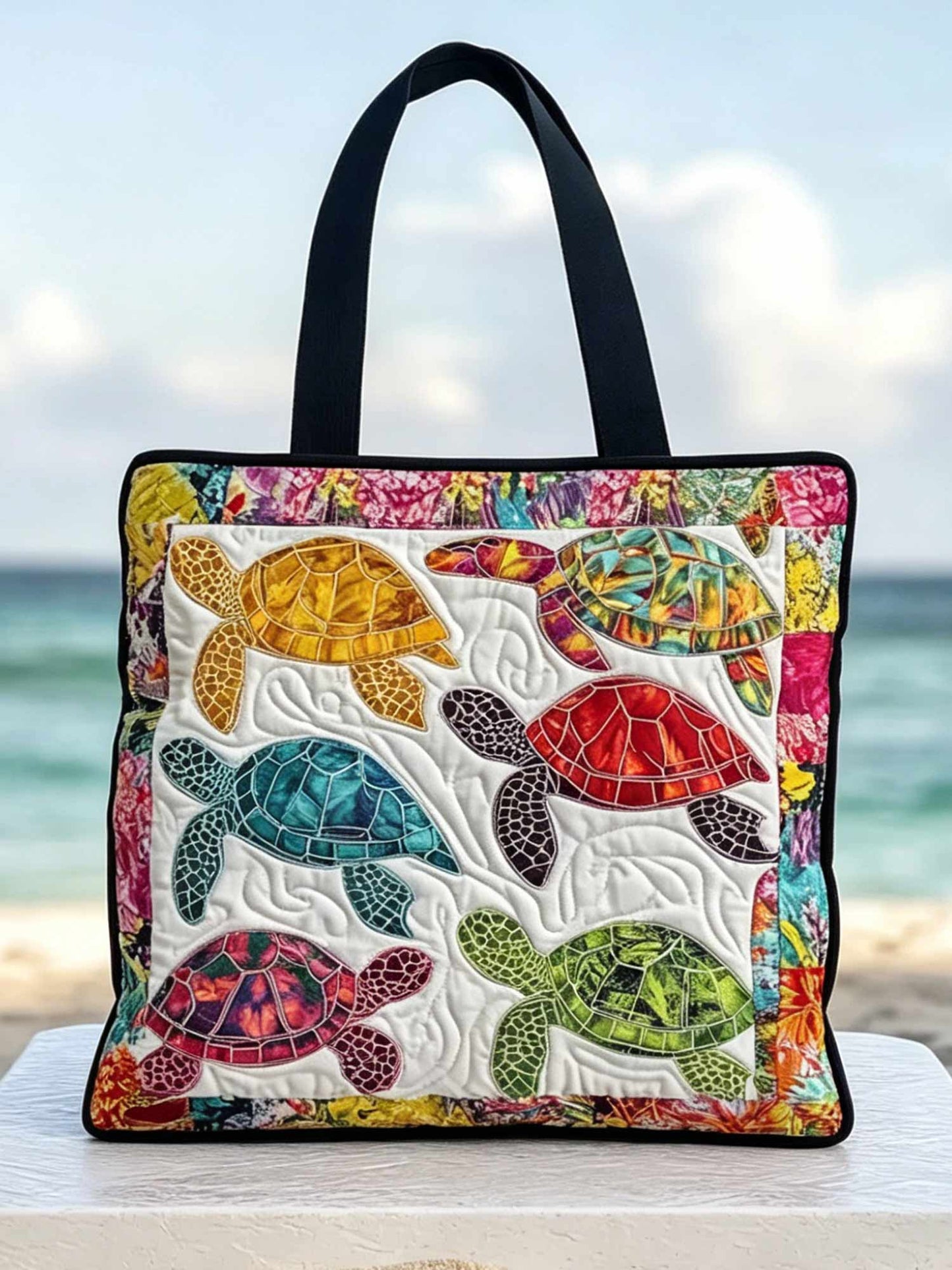 Marine Conservation Colorful Turtle Pattern Quilted Tote Bag