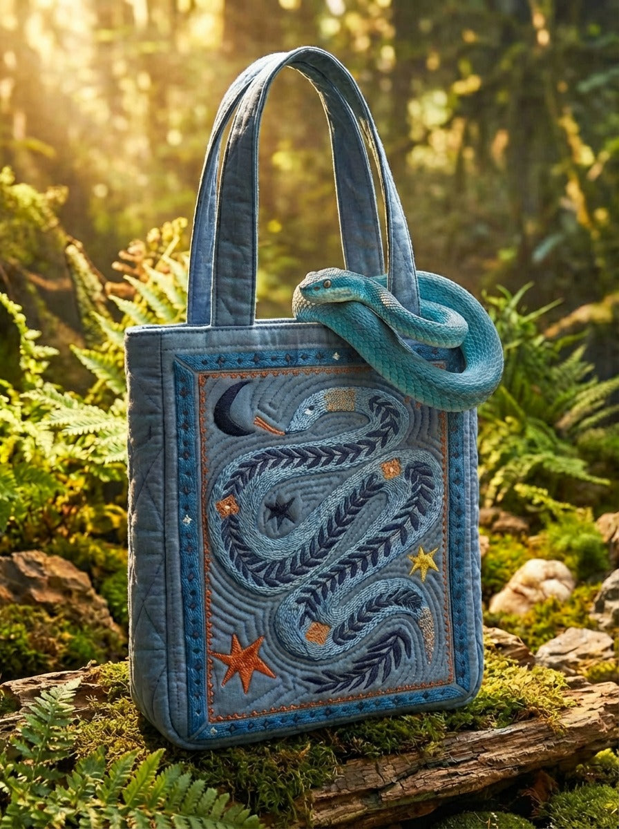 Moon Blue Snake Quilted Tote Bag