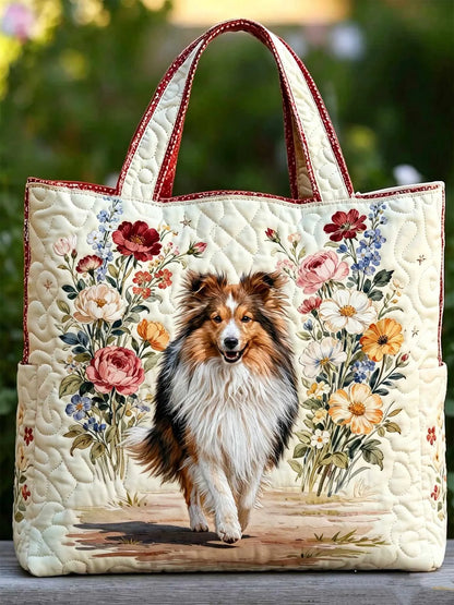 Vintage Floral Shetland Sheepdog Quilted Tote Bag