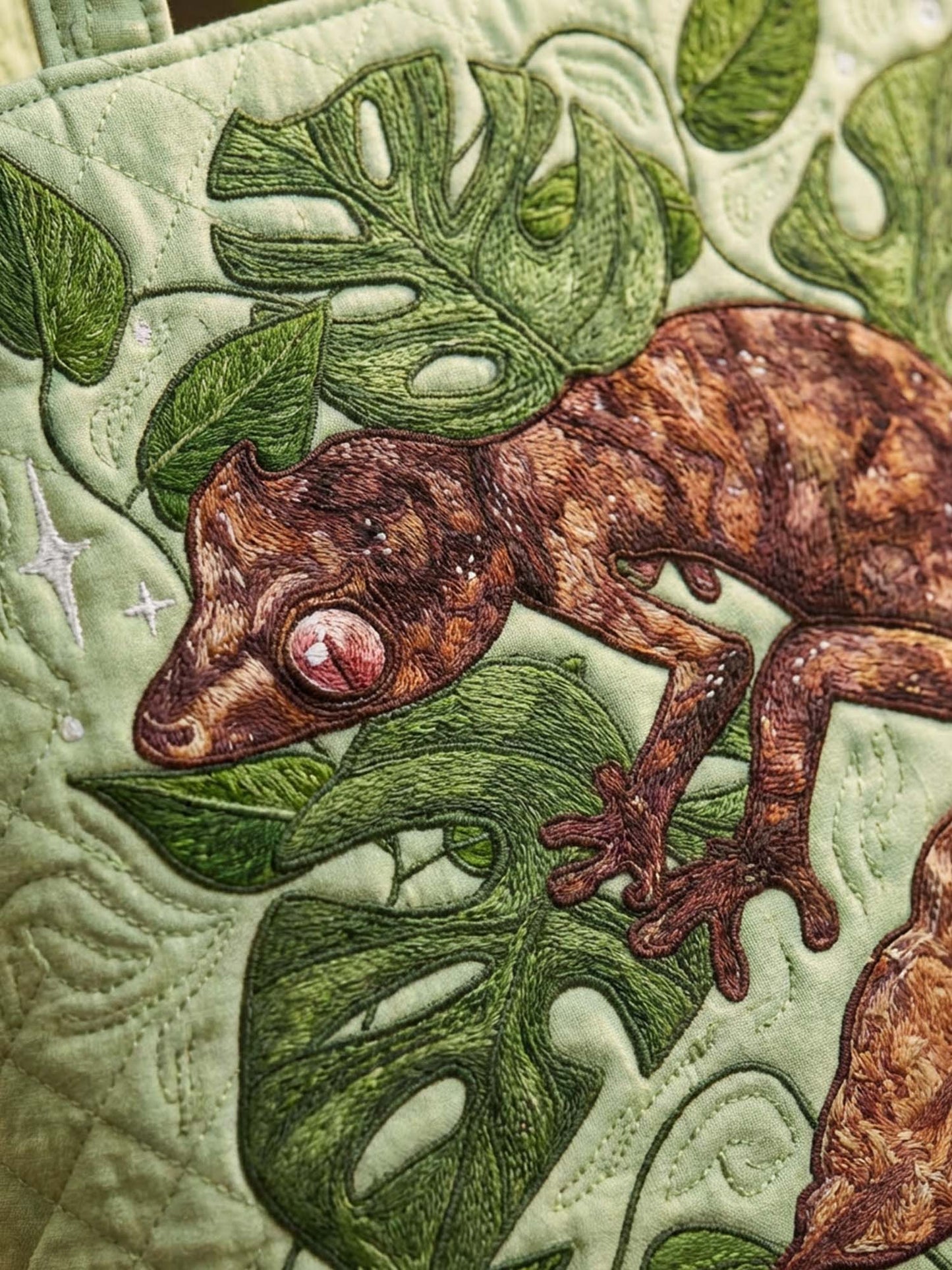 Gecko and Leaves Quilted Tote Bag