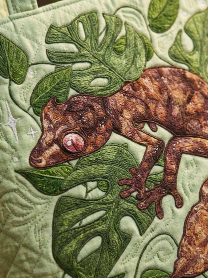 Gecko and Leaves Quilted Tote Bag