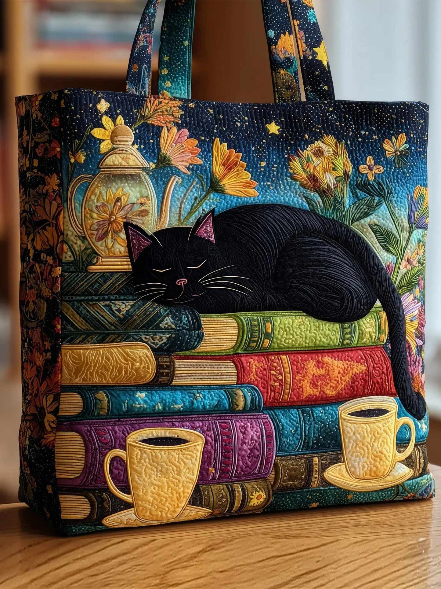 Books And Black Cat Quilted Tote Bag