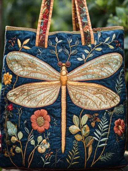 Animals  Dragonfly  Plant   Flower  Print  Quilted Tote Bag