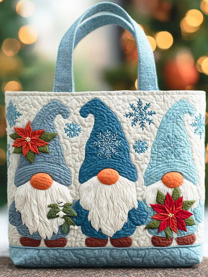 Christmas  Poinsettia Frost Gnome       Quilted Tote Bag