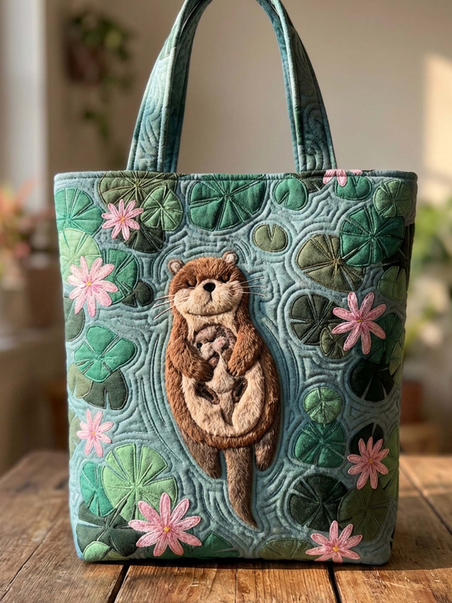 Otter And Lotus Leaves Mother'S Day Quilted Tote Bag