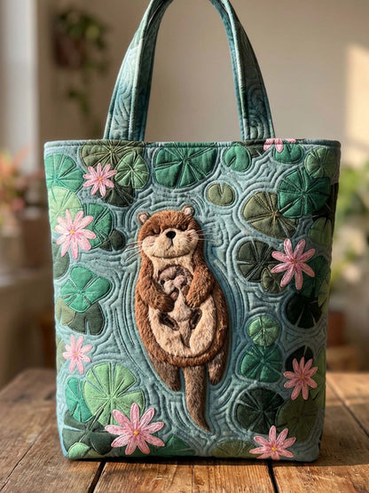 Otter And Lotus Leaves Mother'S Day Quilted Tote Bag