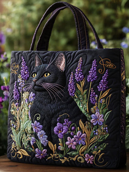Moonlit Meow Print Quilted Tote Bag