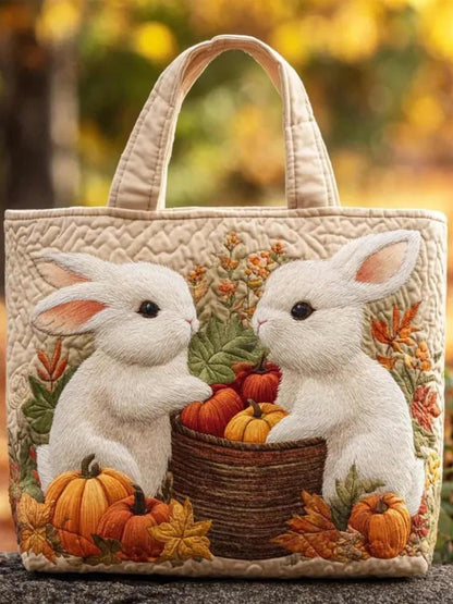 Golden Leaf Rabbit Quilted Tote Bag