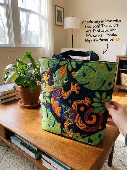 Gecko And Leaves Quilted Tote Bag