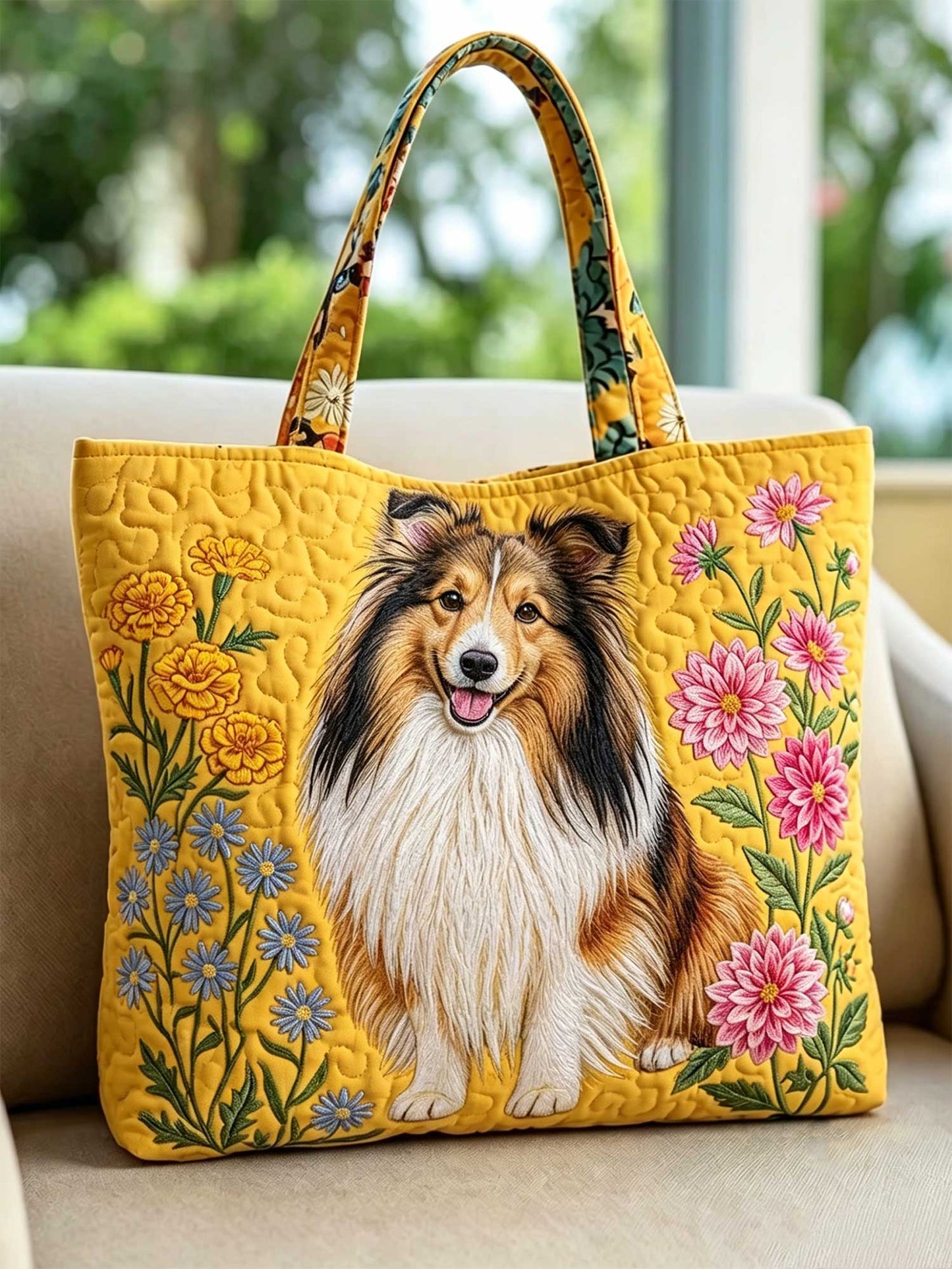 Yellow Marigold Dahlia Shetland Sheepdog Quilted Tote Bag