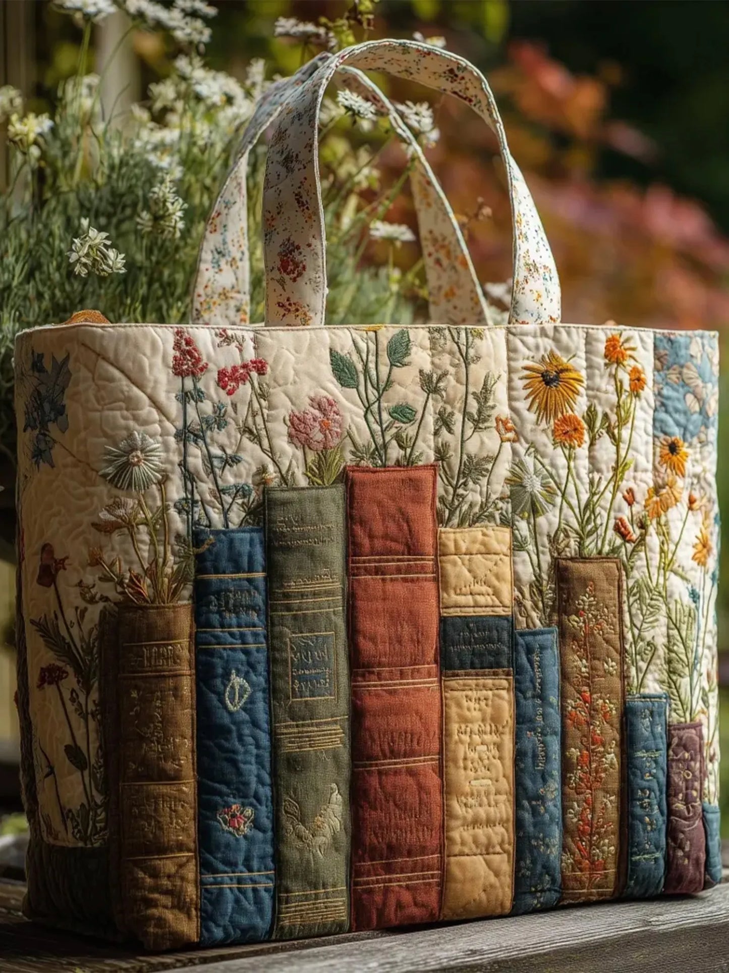Books  Plants Flowers    Quilted Tote Bag