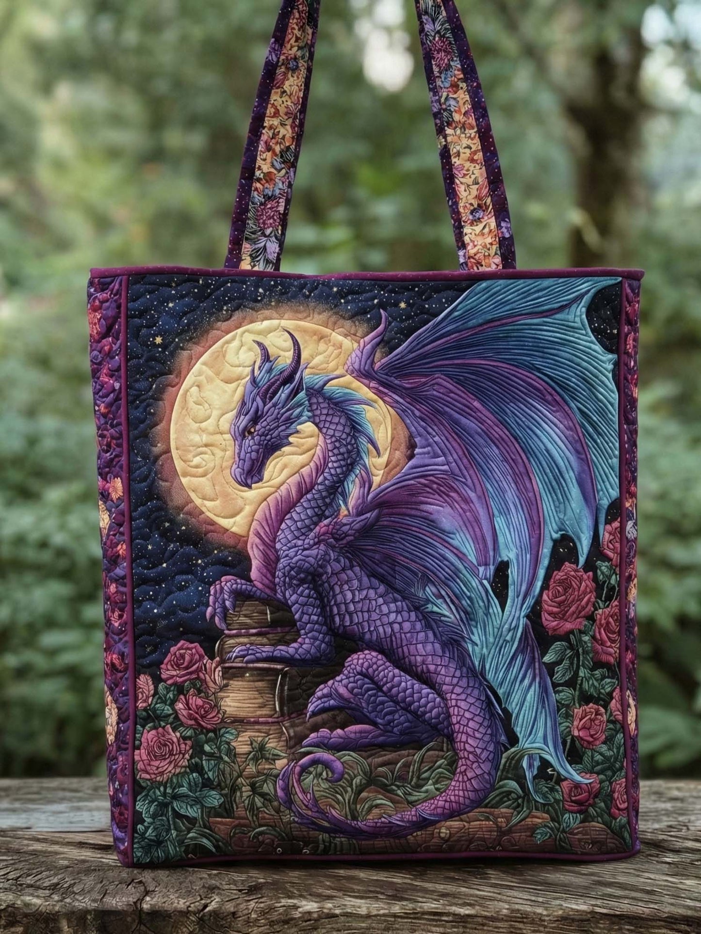 Purple Dragon And The Book Quilted Tote Bag