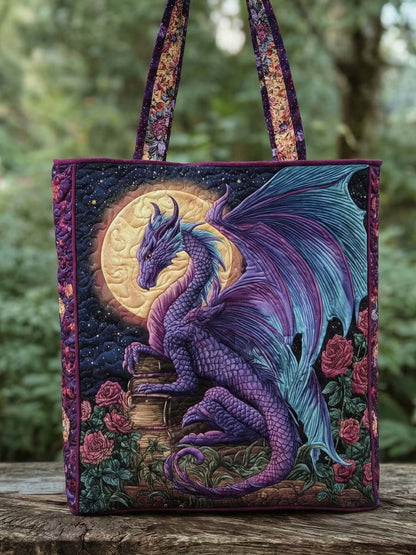 Purple Dragon And The Book Quilted Tote Bag