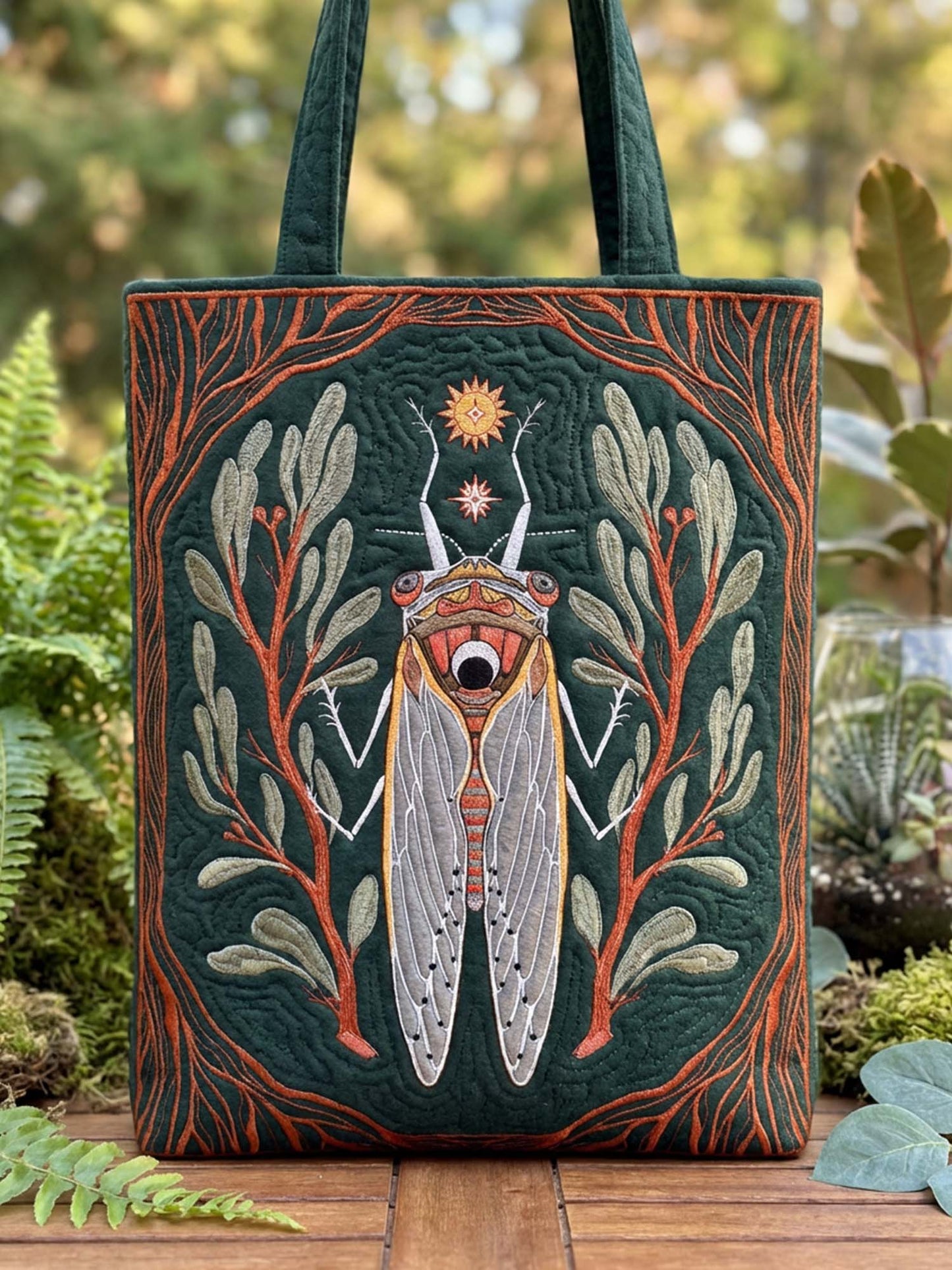 Cicada and Sun Quilted Tote Bag