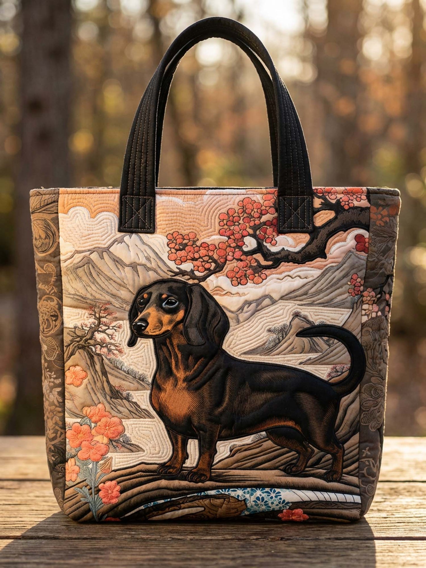 Ukiyo-E Dog Dachshund Quilted Tote Bag
