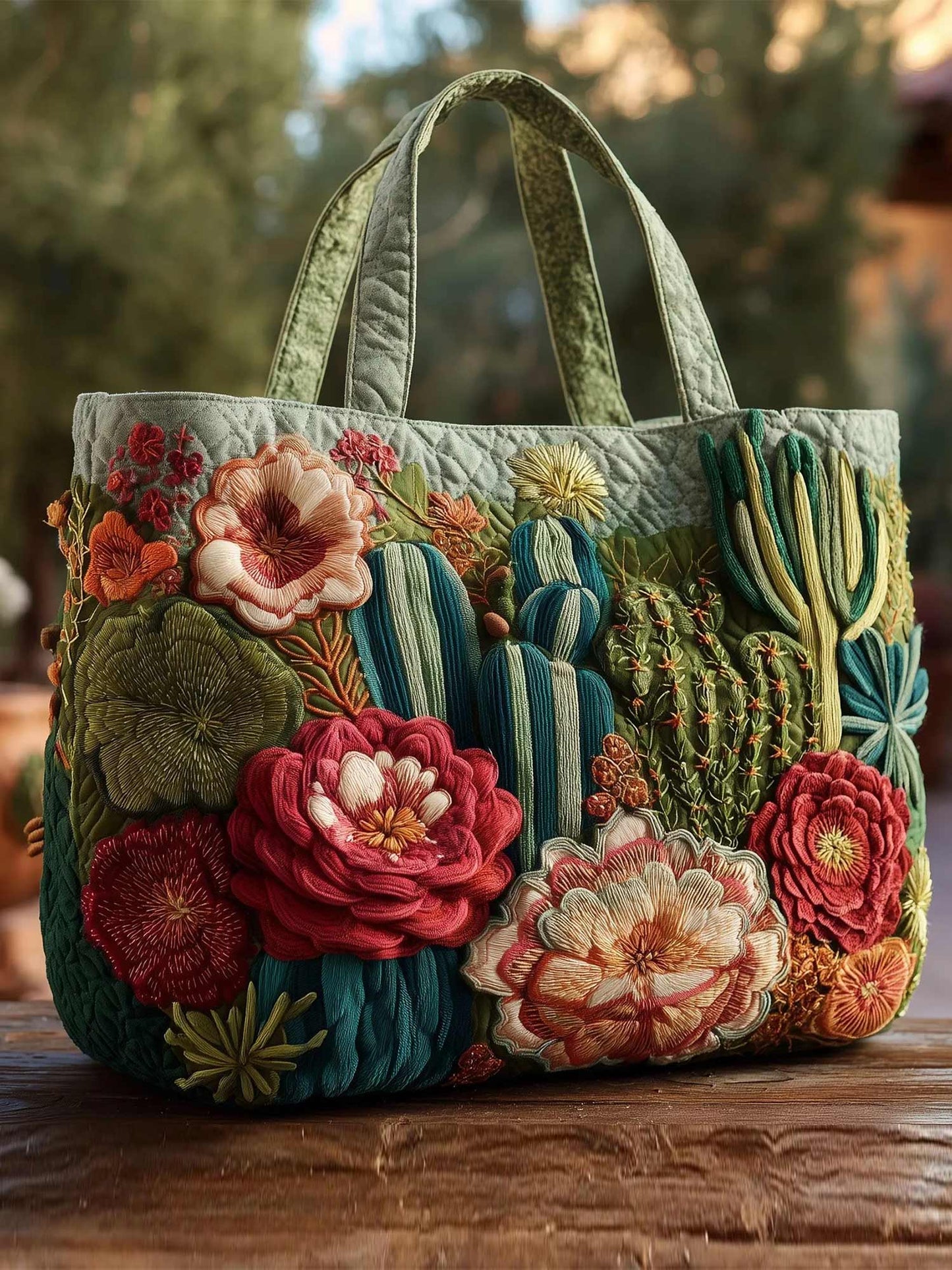 Blooming Cactus Haven Quilted Tote Bag