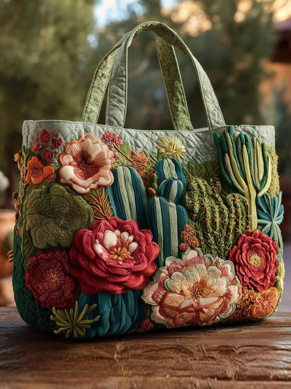 Blooming Cactus Haven Quilted Tote Bag