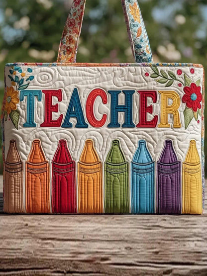 Teacher and crayons Quilted Tote Bag