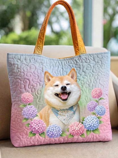 Pastel Hydrangea Shiba Inu Quilted Tote Bag