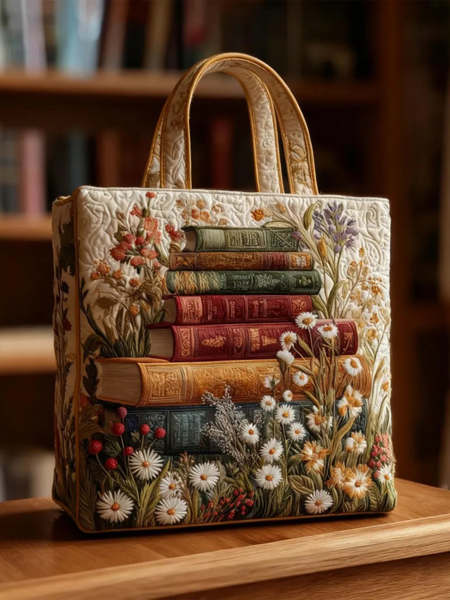 Artistic Book Scroll Floral Quilted Tote Bag