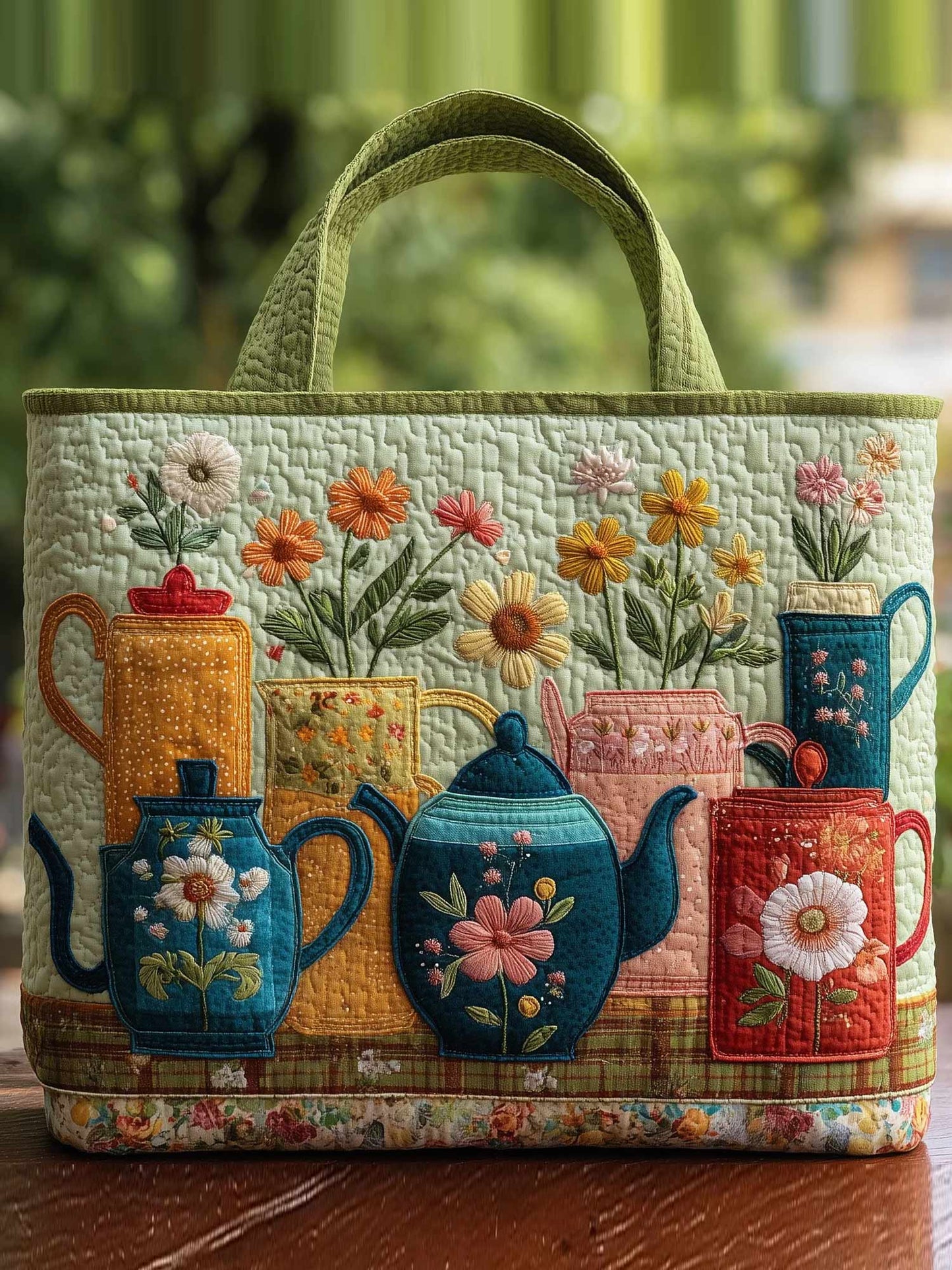 Floral Teapot Quilted Tote Bag