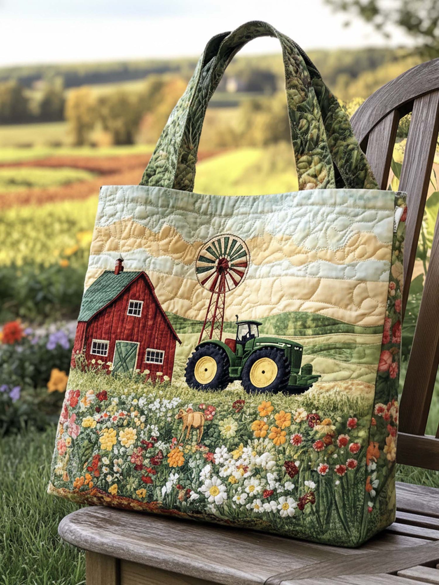 Green Tractor On The Farm Quilted Tote Bag