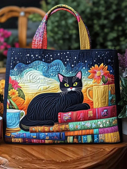 Cat and Book Quilted Tote Bag