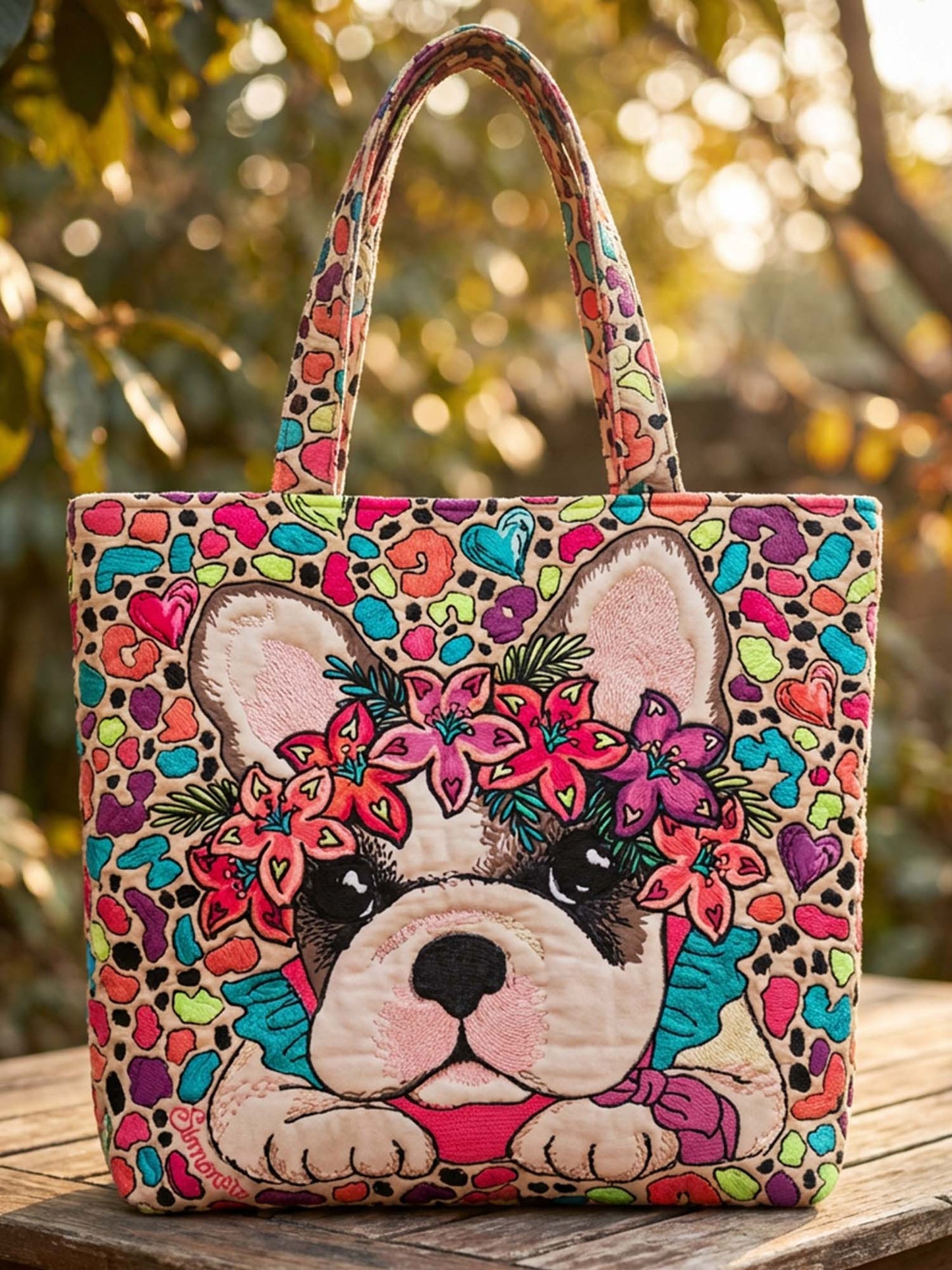 Pug Dog And Flower Quilted Tote Bag