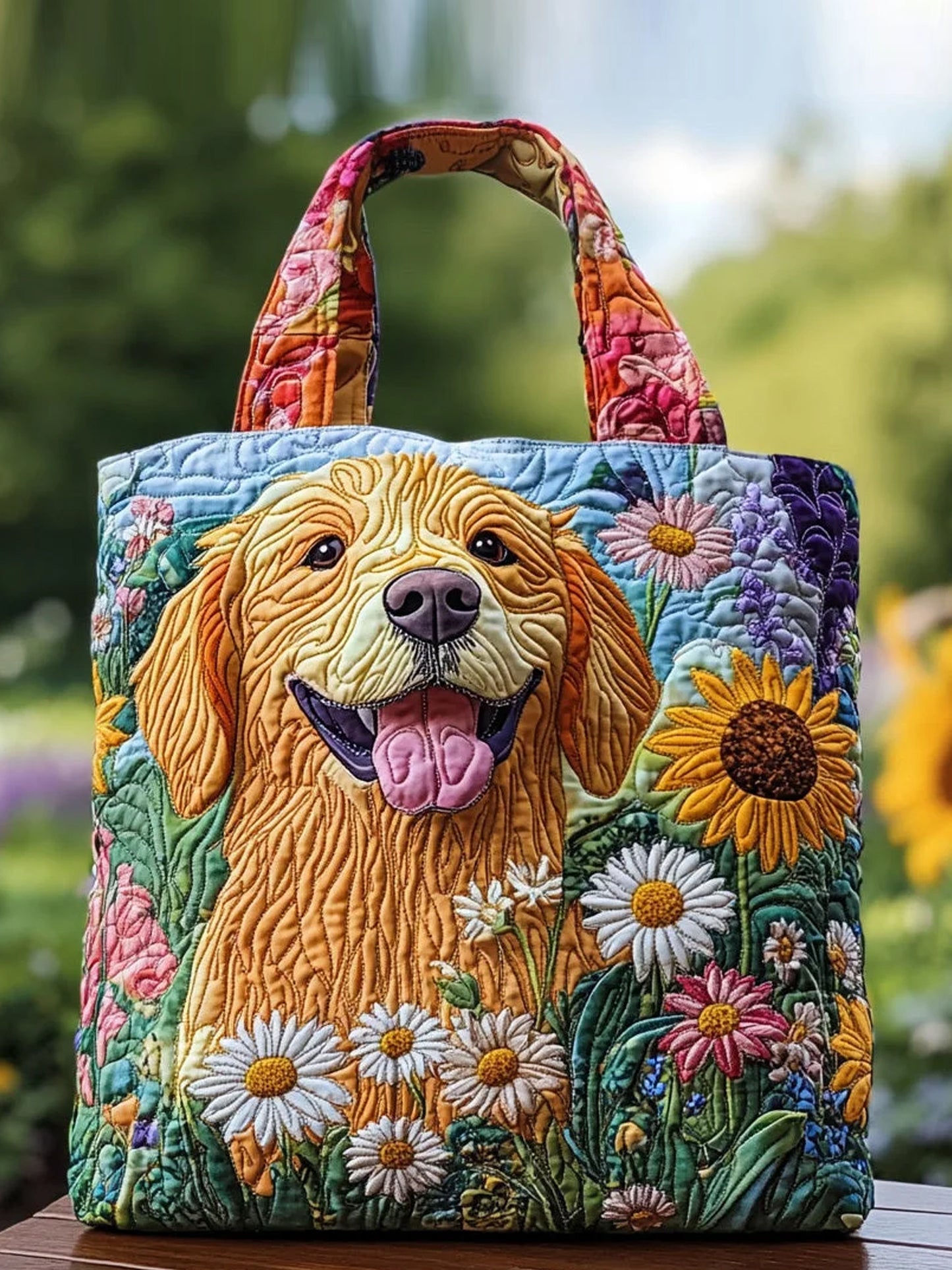 Quilted handbag with puppy and flower pattern