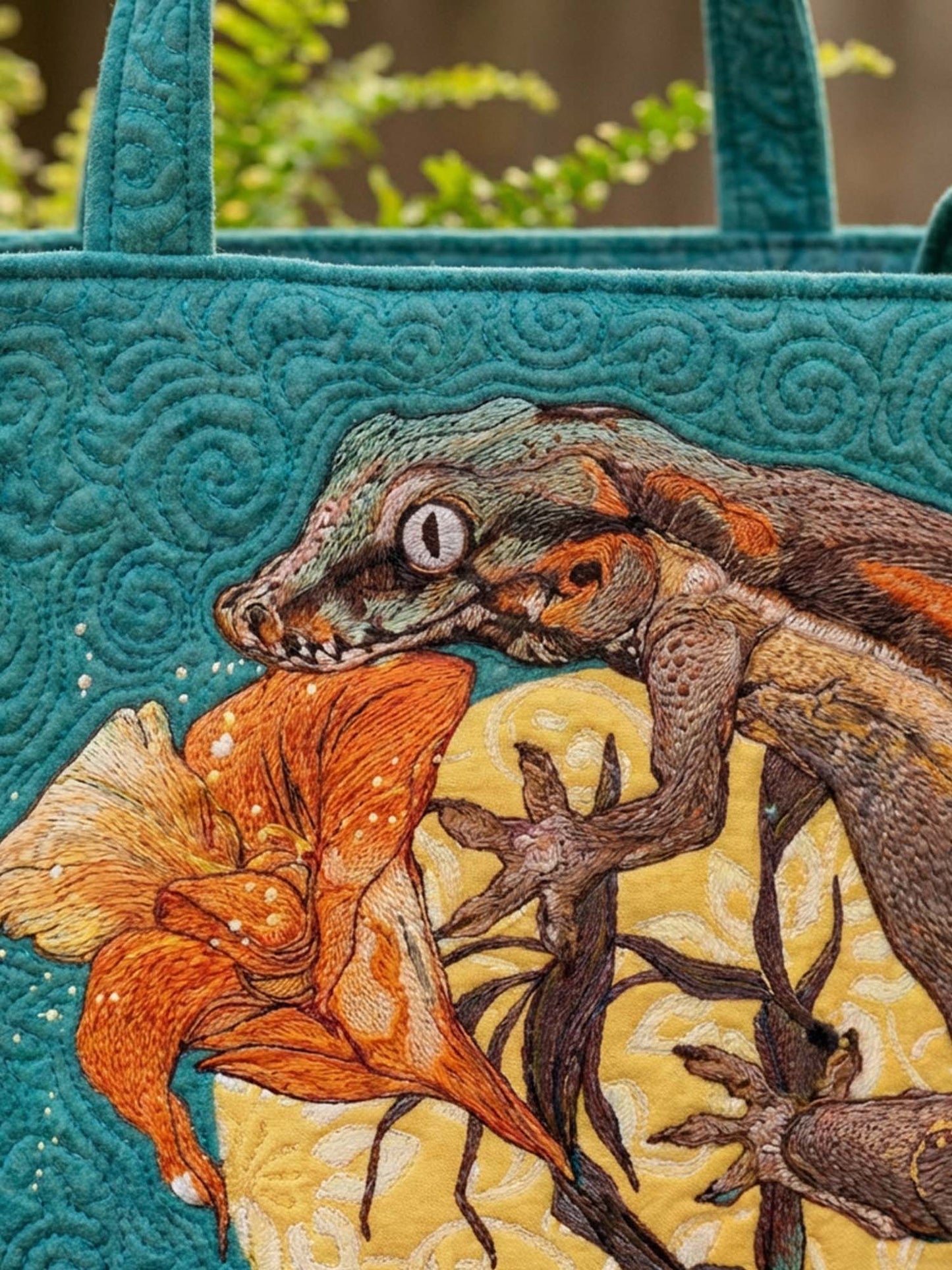 Gecko And Flower Quilted Tote Bag