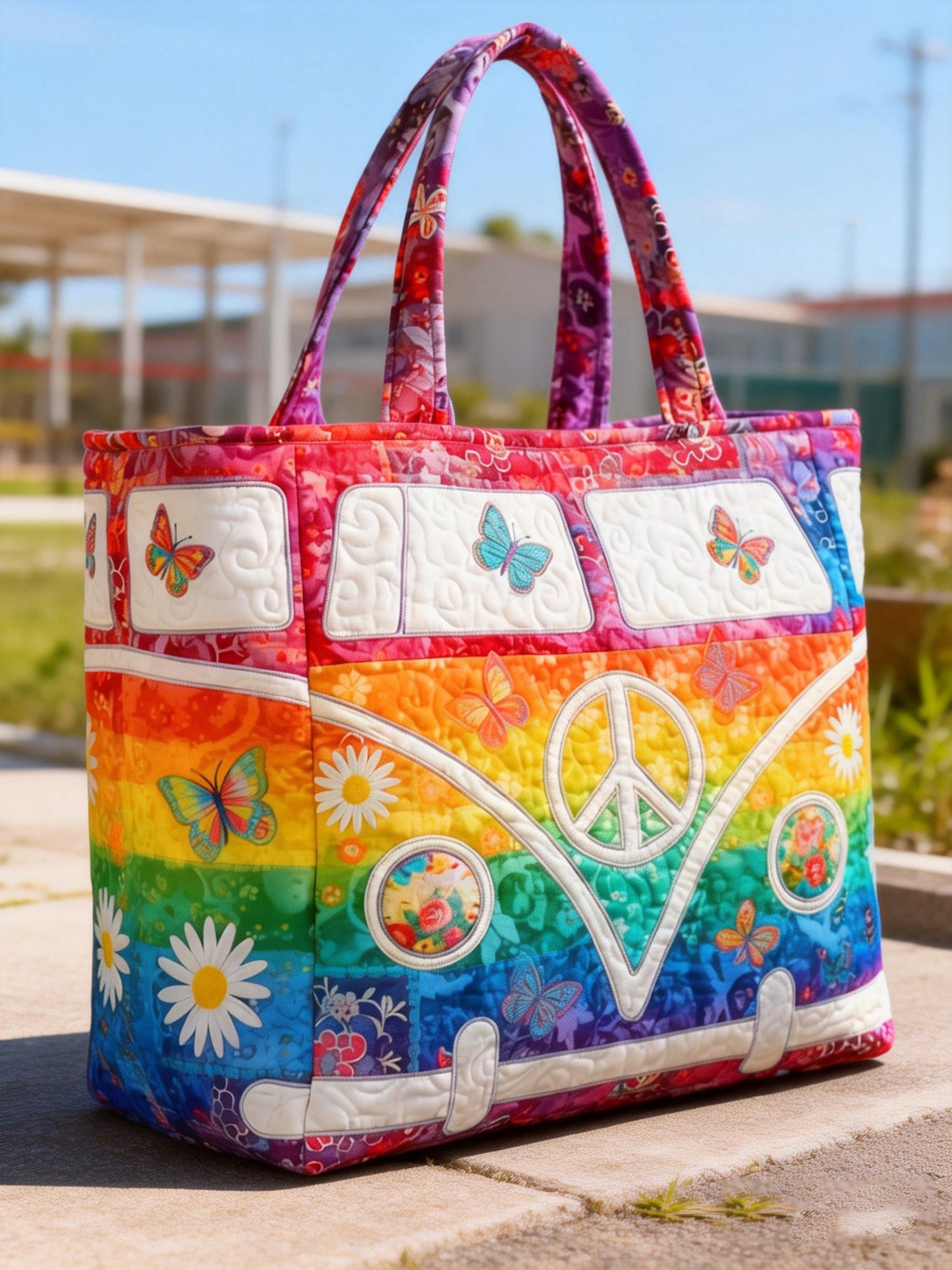 Butterfly Hippie Van Quilted Tote Bag