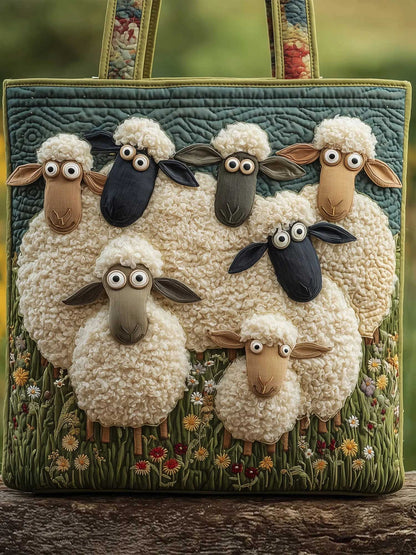 Whimsical Sheep Paradise Quilted Tote Bag