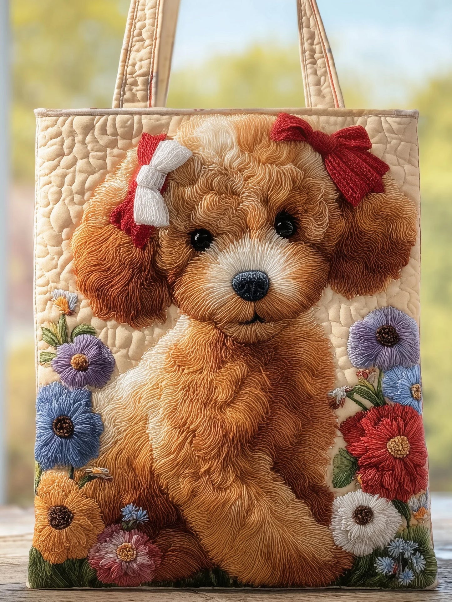 Quilted handbag with puppy and flower pattern