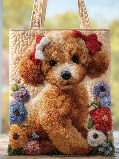 Quilted handbag with puppy and flower pattern