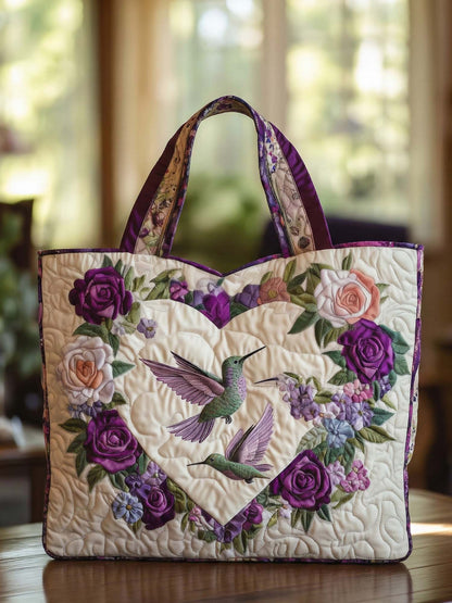 Hearts And Hummingbirds Quilted Tote Bag