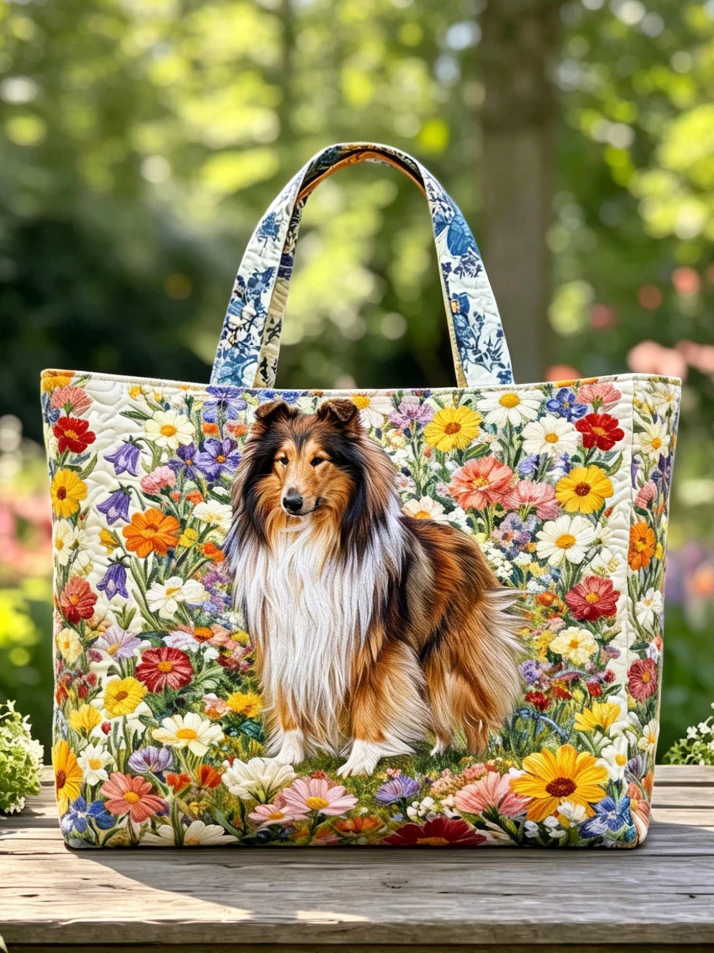 Colorful Wildflower Garden Shetland Sheepdog Quilted Tote Bag